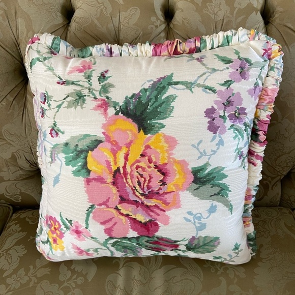 Floral Throw Pillow  Cream/Pink/Green 15x15” - Picture 5 of 7
